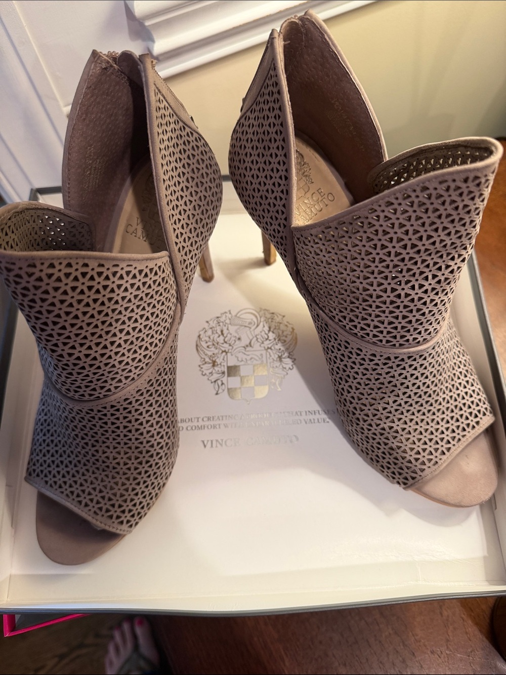 Vince Camuto Taupe Laser-Cut Peep-Toe Heels